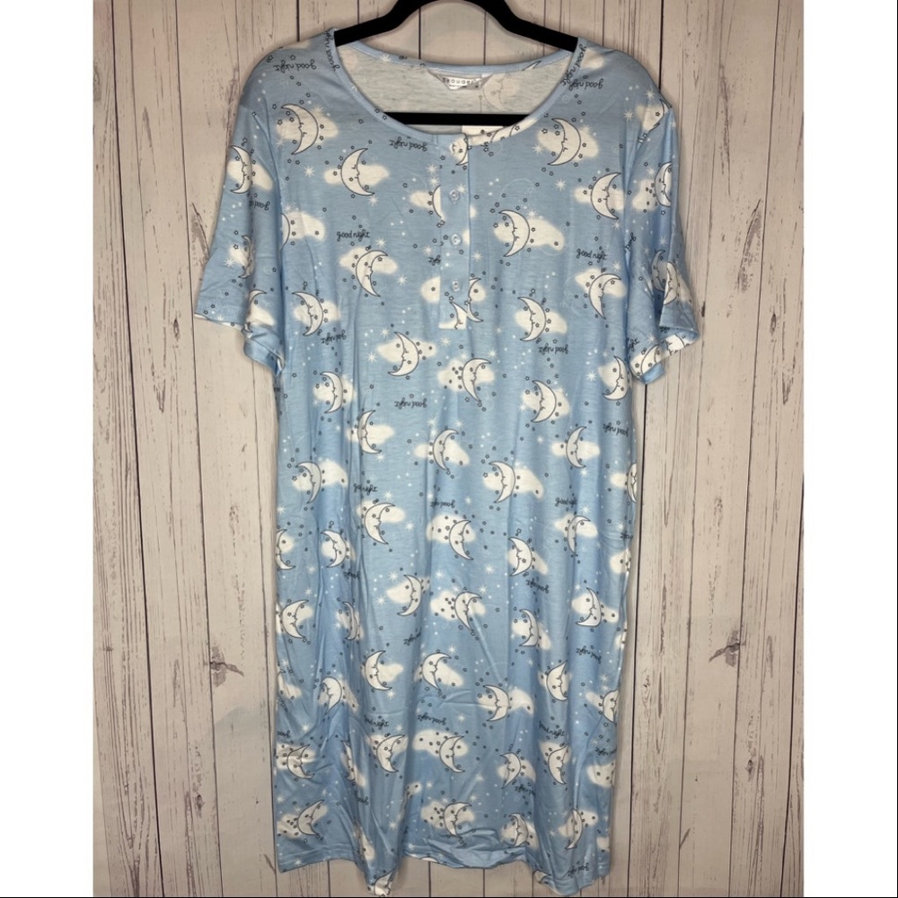 Ekouaer Women’s Size Medium Blue Sleep Shirt Nightgown Short Sleeve Moon Print